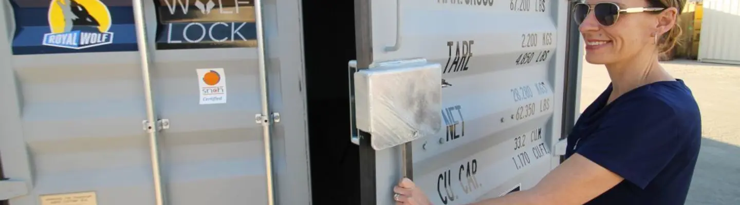 New shipping container featuring an upgraded lock design, highlighting enhanced security and modern construction features.