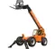 Front angled view of orange SkyTrak telehandler with black tires, extended boom, stabilizers and forklift attachment.