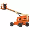Rear angled view of an orange and beige JLG telescopic boom lift with extended boom and platform.