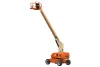Rear angled view of an orange and beige telescopic boom lift with extended arm and basket.