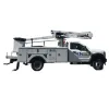 Side view of a white Versalift bucket truck featuring a United Rentals Logo with a mounted aerial lift, extendable boom and basket.