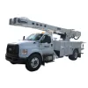 Front angled view of a white bucket truck with a retracted extendable boom and a United Rentals Logo on the driver door.