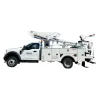 Side view of a white United Rentals bucket truck with retracted boom and bucket.