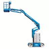 Side view of a blue Genie articulating boom lift with basket elevated.