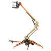 Side view of an orange and beige boom lift with extendable boom and stabilizers.