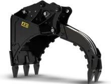 A multi-grab bucket attachment on heavy machinery, designed for handling and moving bulky construction materials efficiently.