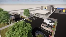 Architectural blueprint and 3D rendering of a modern state-of-the-art facility under development, showcasing futuristic design.