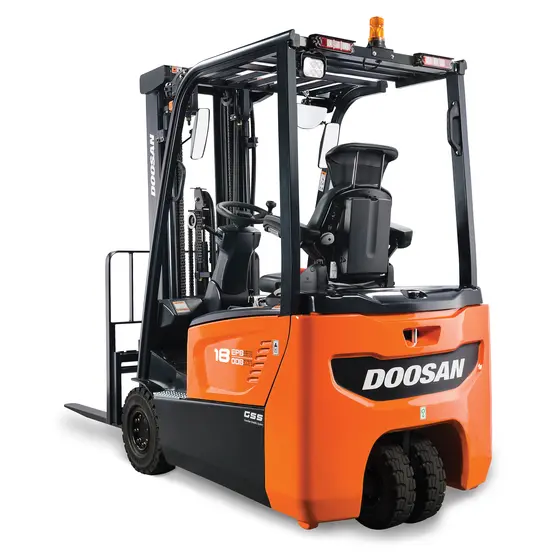 Rear view of an orange and black Doosan electric warehouse forklift with an open operator cabin and black forks.