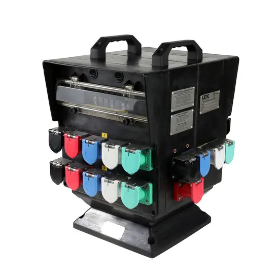 Black, red, blue, white and celadon LEX 400 Amp Cam Splitter Power Panel, 600 VAC