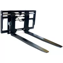 Front view of a black forklift fork attachment with two metal forks extended and a mounting frame.